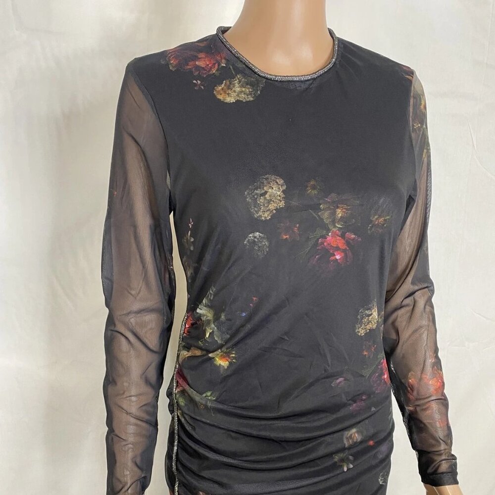 AllSaints Nora Floral Sparkle Mesh Dress • Size 8 • Mortem Black